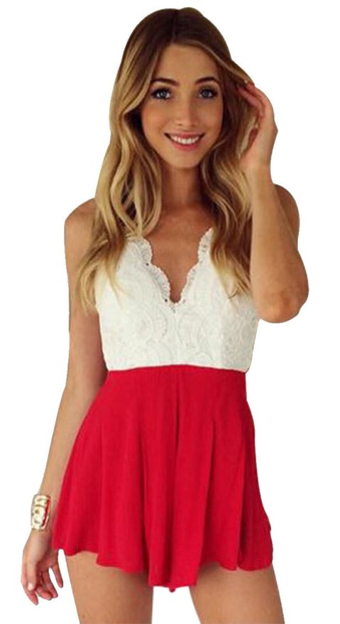 Moxeay Deep V Neck Playsuit Backless Chiffon Short Jumpsuit (US Shipping)