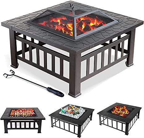 Fire Pits & Bowls LINKLIFE Fire Pits Outdoor for Garden Large, 3-In-1 Square Fire Pit Table BBQ Grill, Ice Pit, Outside Heater, Metal Brazier Firepit and Firebowl for Camping Barbecue, Garden Patio (Square)