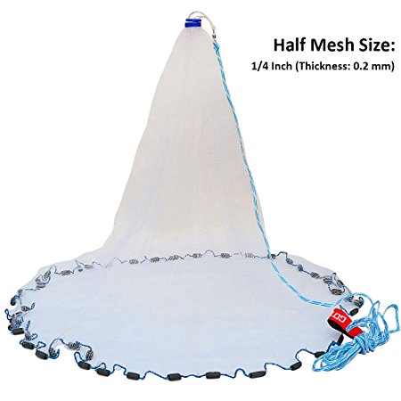 Pisfun American Saltwater Fishing Cast Net for Bait Trap Fish 4ft/6ft/8ft/10ft/12ft Radius, 1/4 Inch Mesh Size
