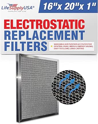 LifeSupplyUSA (16x20x1) Aluminum Electrostatic Air Filter Replacement Washable Air Purifier A/C Filter for Central HVAC, MERV 8, Energy Saving, Easy to Clean, Long-Lasting (1-Pack)