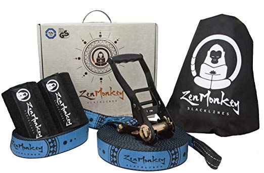 ZenMonkey Slackline Kit with Training Line, Arm Trainer, Tree Protectors, Cloth Carry Bag and Instructions, 60 Foot - Easy Setup for the Family, Kids and Adults