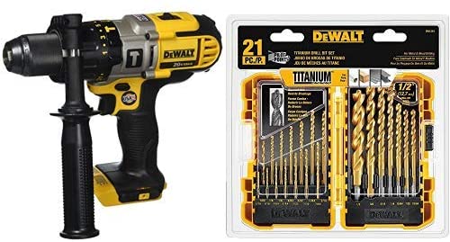 DEWALT DCD985B 20-Volt MAX Lithium Ion 1/2-Inch Hammer Drill/Drill Driver  (Tool Only) with DEWALT DW1361 Titanium Pilot Point Drill Bit Set, 21-Piece