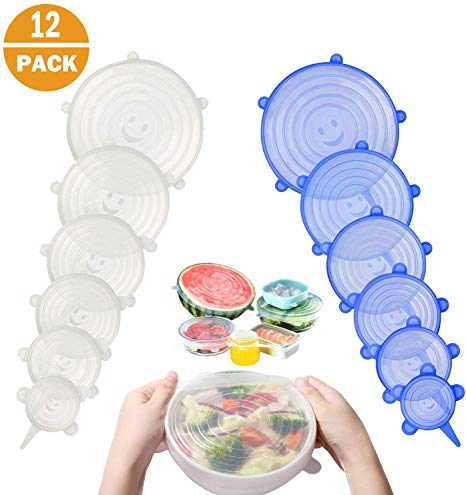 Silicone Stretch Lids,12 Pack Flexible Reusable Lids Food Wrap Apply to All Kinds of Food Storage Container, Silicone Food Covers, Microwave and Dishwasher Safe, 6 Sizes