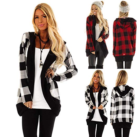 Fanala Women Casual Front Open Long Sleeve Plaids Outwear Casual Jackets