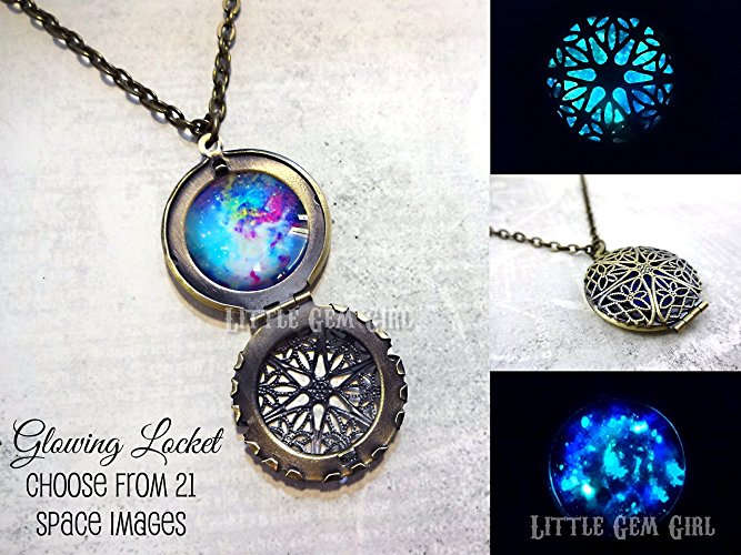 Glow in the Dark Galaxy Locket in Antique Bronze or Silver Filigree Cage Locket - 21 Space Images to Choose from - Glowing Locket Jewelry
