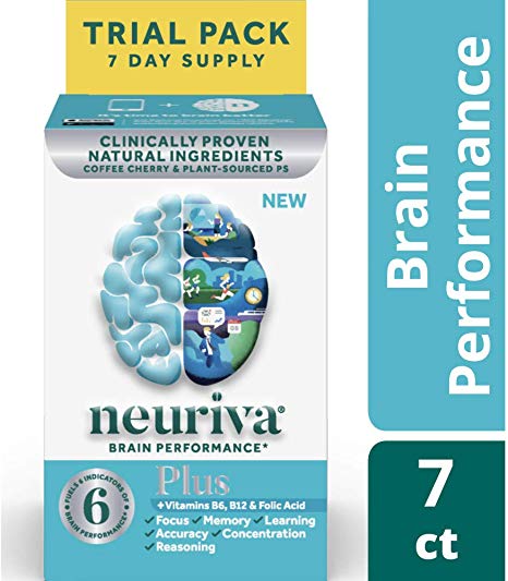 Brain Support Supplement - NEURIVA Plus (7 Count in a Bottle), Plus B6, B12 & Folic Acid, Supports 6 Indicators of Brain Performance: Focus, Memory, Learning, Accuracy, Concentration & Reasoning