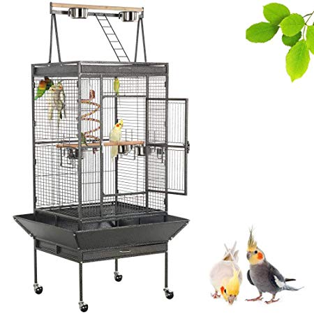 Yaheetech Wrought Iron Rolling Large Bird Cages for African Grey Small Quaker Amazon Parrots Cockatiels Sun Parakeets Green Cheek Conures Doves Lovebirds Budgies Play Top Bird Cage with Stand