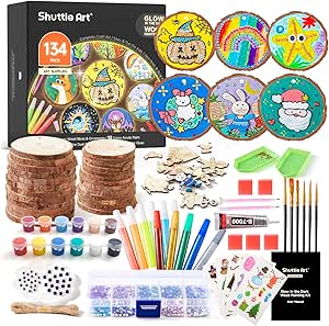 Kids Wood Painting Craft Kit, Glow-in-the-Dark Paint and Diamond Painting on Wood Slices with Stickers & Wiggle Eyes, Ideal Arts and Crafts for Kids Ages 5-12, Gifts for Halloween, Christmas, Birthday