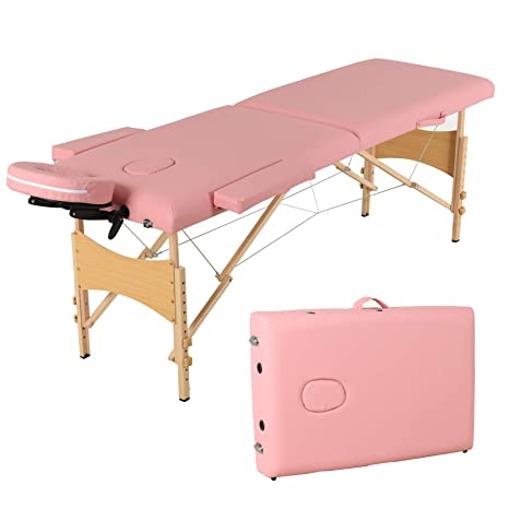 Uenjoy Folding Massage Table 84'' Professional Massage Bed 2 Fold Lash Bed with Head & Armrest (Light Pink)