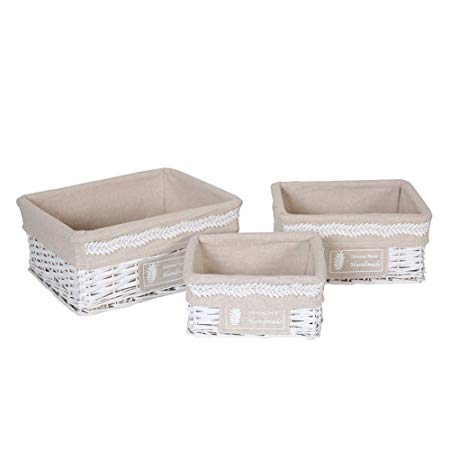 HOSROOME Storage Baskets Set with Liners Woven Wicker Storage Baskets for Decorative Organizing Nesting Baskets for Bedroom Bathroom(Set of 3,White)