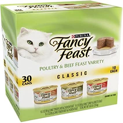 Fancy Feast Classic Poultry & Beef Feast Variety Cat Food 30-3 oz. Cans [Includes 10 Each: Tender Liver & Chicken, Turkey & Giblets, & Tender Beef & Chicken Feast]