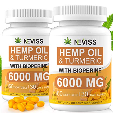 (2 Pack) Hemp Oil Capsules with Turmeric & Bioperine - Pure Hemp Oil 6000 MG for Pain Relief, Stress & Anxiety Relief, Sleep Support - Organic Hemp Capsules Softgels - 60 Capsules