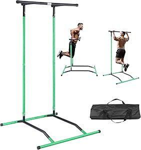 VEVOR Power Tower Dip Station, 2-Level Height Adjustable Pull Up Bar Stand, Multi-Function Strength Training Workout Equipment, Home Gym Fitness Dip Bar Station, 220LBS Weight Capacity, Black & Green