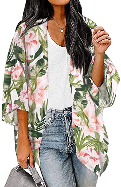 BB&KK Women's Chiffon Boho Kimono Cardigans Casual Loose Open Front Cover Ups