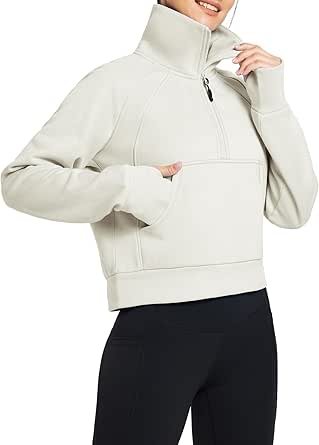 BALEAF Women's Half Zip Sweatshirt Fleece Pullover Long Sleeve Stand Collar Crop Sweatshirts with Pockets Thumb Hole