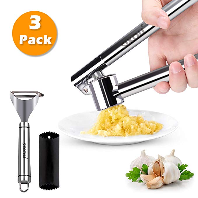 Garlic Press,Vegetable Peeler,Six-qu Kitchen Utensil Set [3-pack] - Professional Garlic Ginger Smasher with Silicone Tube Roller and Y Peeler