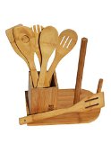 Bamboo Utensil Set Paper Towel Holder7 - Piece Set Cooking Tools Best Quality Moso Bamboo Kitchen Set with Paper Towel Holder