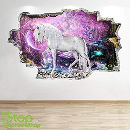 1Stop Graphics Shop UNICORN WALL STICKER 3D LOOK - BOYS GIRLS BEDROOM ENCHANTED WALL DECAL Z672 Size: Large
