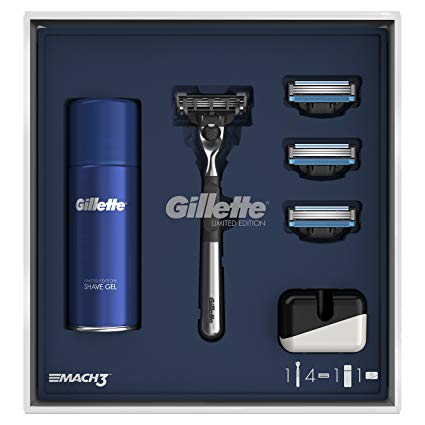Gillette Mach3 Razor Limited Edition Gift Pack with Chrome Handle Razor, 3 Additional Blade Refills, Shaving Gel   Razor Stand