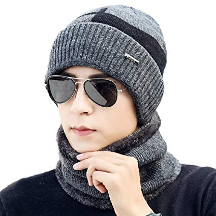 2-Pieces Beanie Hat Scarf Set Winter Warm Fleece Lined Skull Cap and Scarf for Men Women