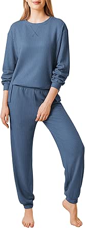 Ekouaer Waffle Knit Lounge Sets for Women Long Sleeve Pajamas Set with Pockets 2 Pieces Outfits Top and Pants