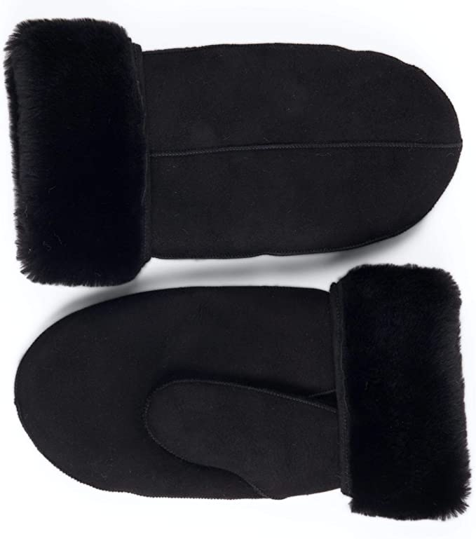 Zavelio Men's Premium Shearling Sheepskin Leather Fur Mittens Black Suede Large
