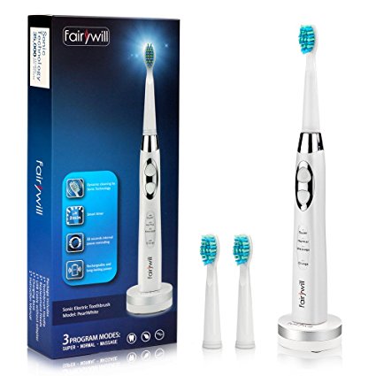 Electric Sonic Toothbrush Clean Your Teeth like a Dentist Rechargeable 4 Hours Charge Minimum 30 Days Use 3 Optional Modes Waterproof for Bath and Shower 3 Replacement Heads White by Fairywill