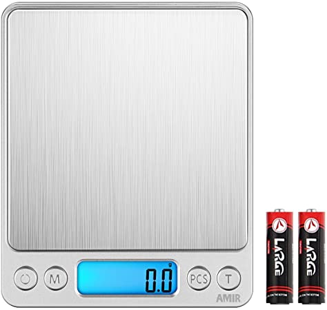 AMIR Digital Kitchen Scale, 3000g 0.01oz/0.1g Pocket Cooking Scale, Mini Food Scale, Pro Electronic Jewelry Scale with Back-Lit LCD Display, Tare & PCS Functions, Stainless Steel, Batteries Included