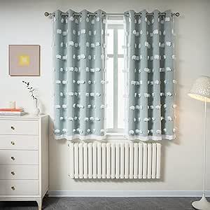 MYSKY HOME Kids Curtains for Boys Bedroom Room Darkening Grommet Double Layer Curtains for Son Room Decor 63 Inches Long White Pom Pom Sheer Blackout Curtains 2 Layers Aqua 52 x 63 Inch 2 Panels