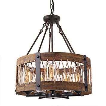 Anmytek Round Wooden Chandelier with Clear Glass Shade Rope and Metal Pendant Five Decorative Lighting Fixture Retro Rustic Antique Ceiling Lamp, C0003 Brown