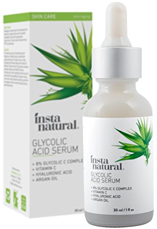 Glycolic Acid Serum - With Vitamin C, Hyaluronic Acid - Intensive Exfoliating & Renewal Remedy to Boost Collagen, Anti-Aging, Acne & Blackhead Control & Reduce Wrinkles & Scars - InstaNatural - 1 OZ
