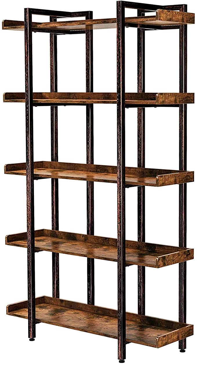 Rolanstar Bookshelf Bookcase, 5-Tier 6 Foot Etagere Bookshelf, Metal and Wood Industrial Bookshelf, Free Standing Open Storage Display Shelves Organizer