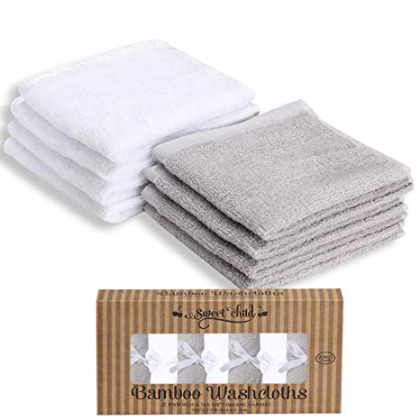 SWEET CHILD Bamboo Baby Washcloths (Bonus 8-Pack) - Premium Extra Soft & Absorbent Towels for Baby's Sensitive Skin-Perfect 10"x10" ReusableWipes-Great Baby Shower/Registry Gift (Grey/White, 10"x10")