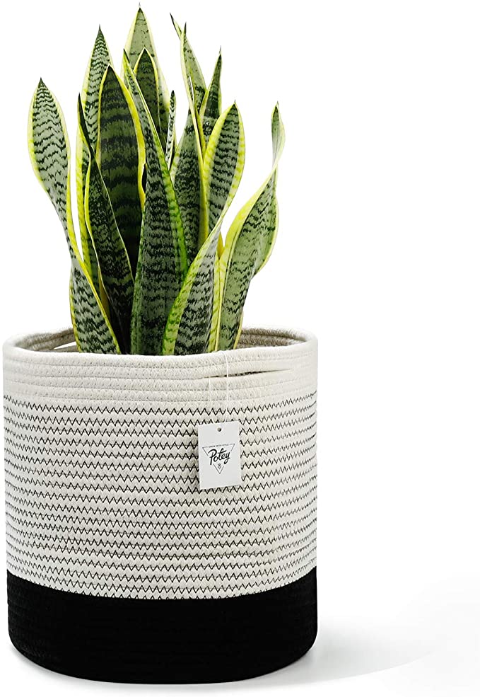 POTEY 700301 Woven Cotton Rope Plant Basket for 10" Flower Pot Floor Indoor Planters, 11” x 11” Decorative Basket for Plants Storage Basket Organizer Modern Home Decor, Black and White Mix Stripes