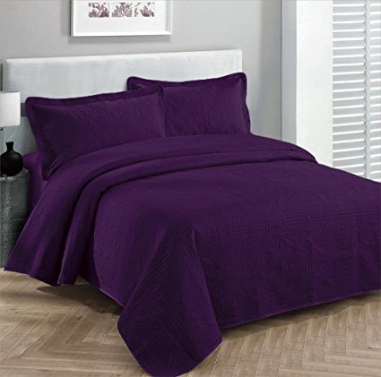 Fancy Collection 3pc Luxury Bedspread Coverlet Embossed Bed Cover Solid Drak Purple New Over Size 118"x106" King/california King