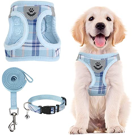 PUPTECK Adjustable Pet Harness Collar and Leash Set for Small Dogs Puppy and Cats Outdoor Training and Running with Classic Beige Plaid Pattern