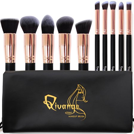 Qivange Makeup Brushes, Premium Synthetic Kabuki Make-up Brush Set Foundation Eyeshadow Blush Concealer Powder Brush Kit   Pouch ( 10pcs, Black with Rose Gold)