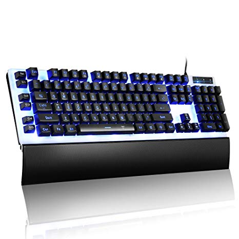 PICTEK Wired Gaming Keyboard Mechanical Feel LED Backlit Programmable USB Game Keyboard for Gamer Typing with Dismountable Ergonomic Wrist Rest Computer PC Mac Laptop Gaming Keyboard (7 Color Backlit)