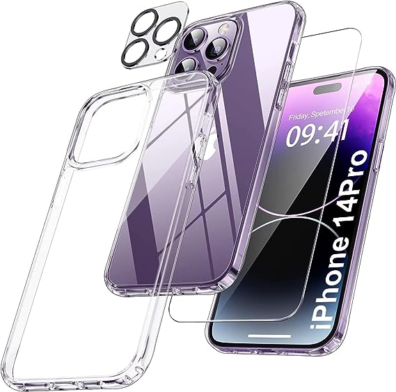 [5-in-1] for Apple iPhone 14 pro Case, with 2 Pack[ Tempered Glass Screen Protector]   2 Pack [ Camera Lens Protector] Shockproof Slim Non-Slip Cover Military Grade Drop Protection Clear