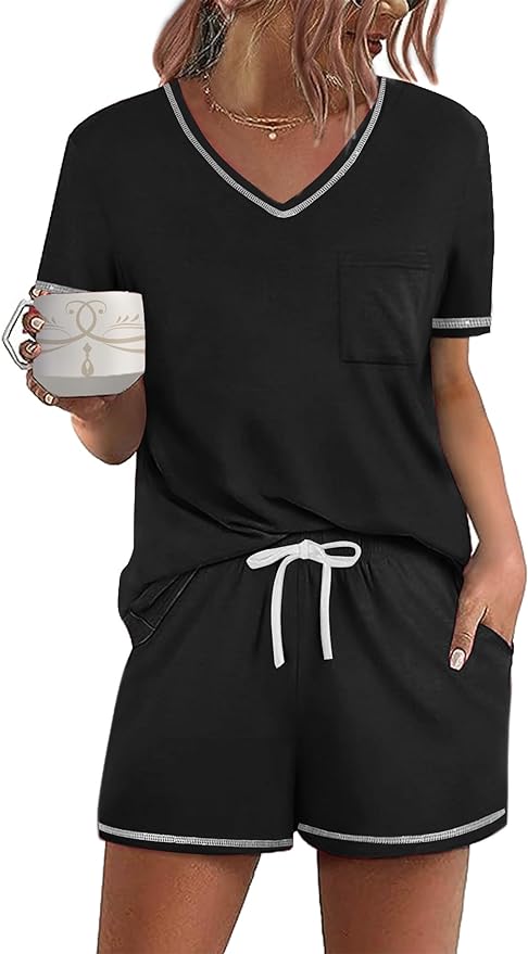 Ekouaer Women's Pajamas Sets Short Sleeve Lounge Sets Sleepwear Casual Two Piece Pjs with Pockets