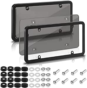 License Plate Protector,Unbreakable UV Protection Plastic Frame Shield,Car Front/Rear License Plate Covers with Screws Caps fits for Standard Car (Black)