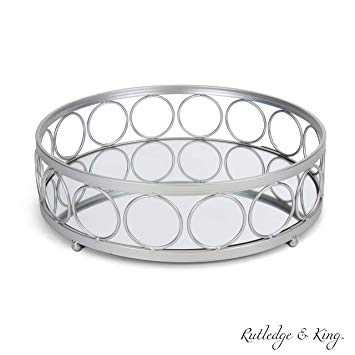 Rutledge & King Ottoman Trays - Mirror Tray Set - Decorative Round Metal Trays - Ornate Coffee Table Trays - Serving Trays Chantilly Designer Tray Set (Medium - 1 Pack, Silver)