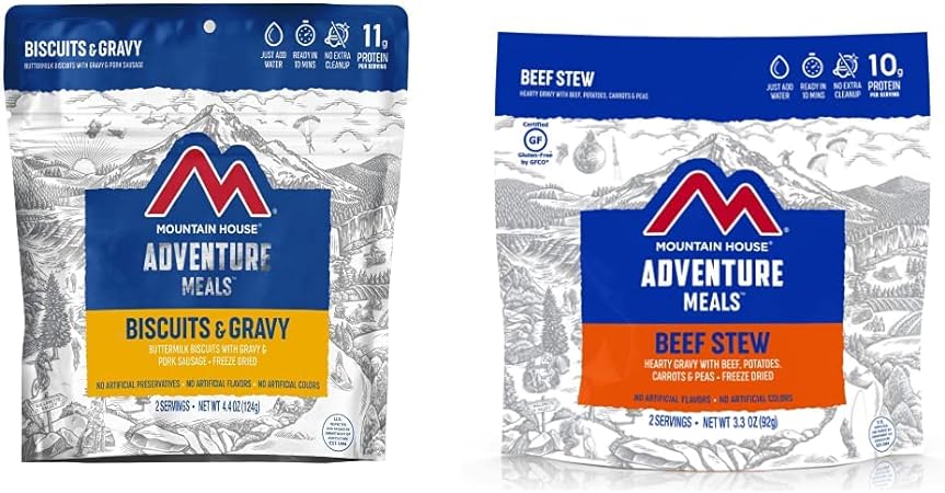 Mountain House Biscuits & Gravy | Freeze Dried Backpacking & Camping Food |2 Servings & Beef Stew | Freeze Dried Backpacking & Camping Food | 2 Servings | Gluten-Free