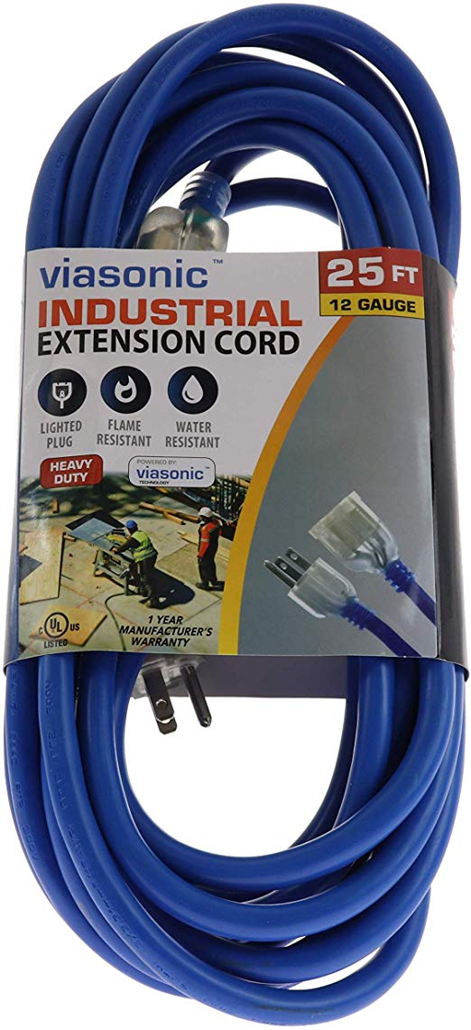 Viasonic Premium Outdoor Extension Cord UL listed - Super Heavy Duty & Durable - 12 Gauge - .15AMP-125V-1875W - Industrial Blue Cord, Premium Lighted Plug, by Unity (25 Ft)