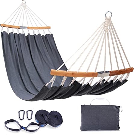 Ohuhu Hammock with Straps Kit, 2-Person Folding Spreader-Bar Double Hammock with Portable Storage Bag, Bamboo Curved Bar Hammocks for Indoor Outdoor Garden Patio Backyard Camping Backpacking