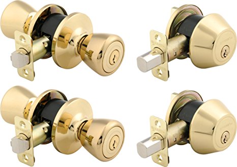 Brinks 2105-105 Tulip Style Keyed Alike Door Knob and Deadbolt Set, Polished Brass, 2-Pack