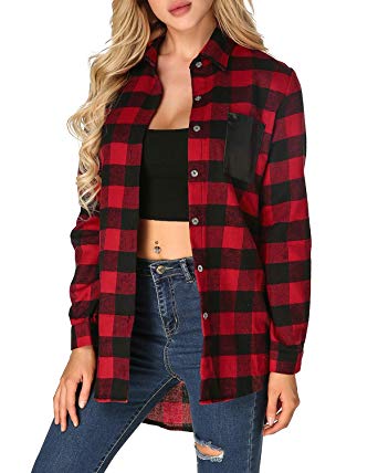 ZANZEA Womens Buffalo Plaid Flannel Shirt Button Down Long Sleeve Tops Collar with Pocket