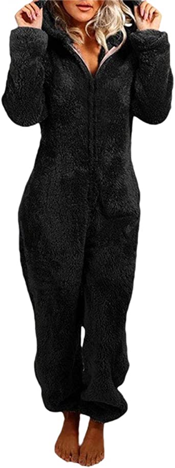 Women Fleece Onesies Zip Front Hoodie Footie Pajamas Adult with Animal Prints Plush Sleepwear