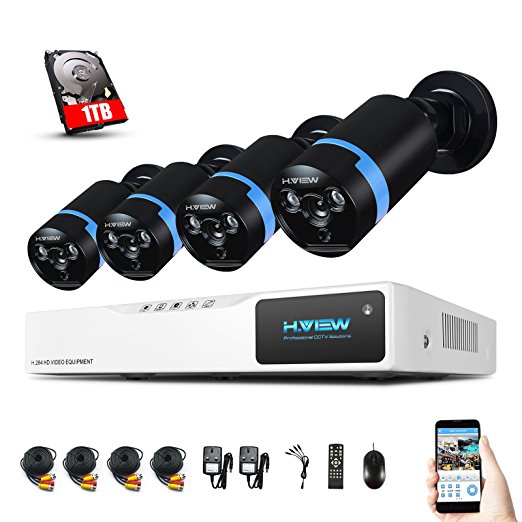 H.View 8CH 1080P Security Camera System 1TB HDD, 4* 1920x1080p 2mp Weatherproof Outdoor Bullet CCTV Camera, 8ch DVR kit Recorder, Home Video Surveillance CCTV Kits Support Android,iPhone Remote Viewing