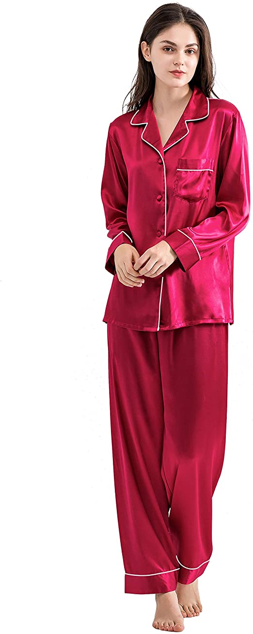 Women's Silky Satin Pajamas, Button Up Long Sleeve PJ Set Sleepwear